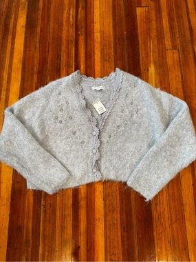 Sugar Light Blue Beaded Cropped Cardigan